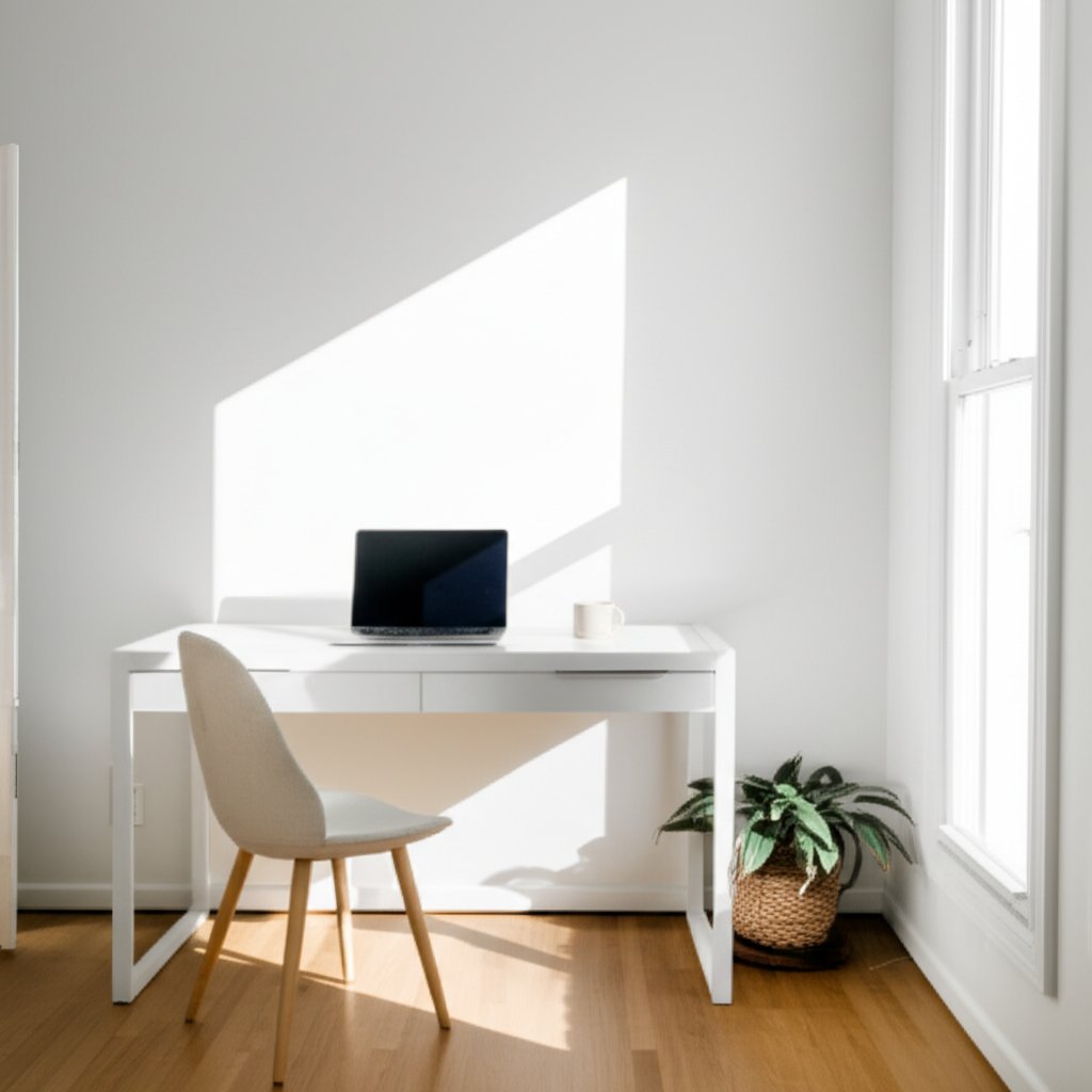 Bright, minimal home office workspace with laptop and plant